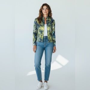 Joseph Ribkoff Blue & Green Palm Leaf Long Sleeve Zip Front Jacket Size 12